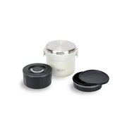 The Pearl Life Home Label Insulated Bento Box, showing the white outer container, the stainless steel lid, and the two separate black inner containers with their lids.