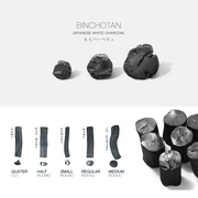 Binchotan Japanese white charcoal in various shapes and sizes, including quarter cut, half round, small round, regular round, and medium round.