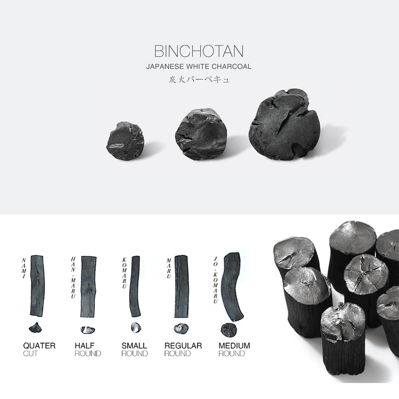 Binchotan Japanese white charcoal in various shapes and sizes, including quarter cut, half round, small round, regular round, and medium round.