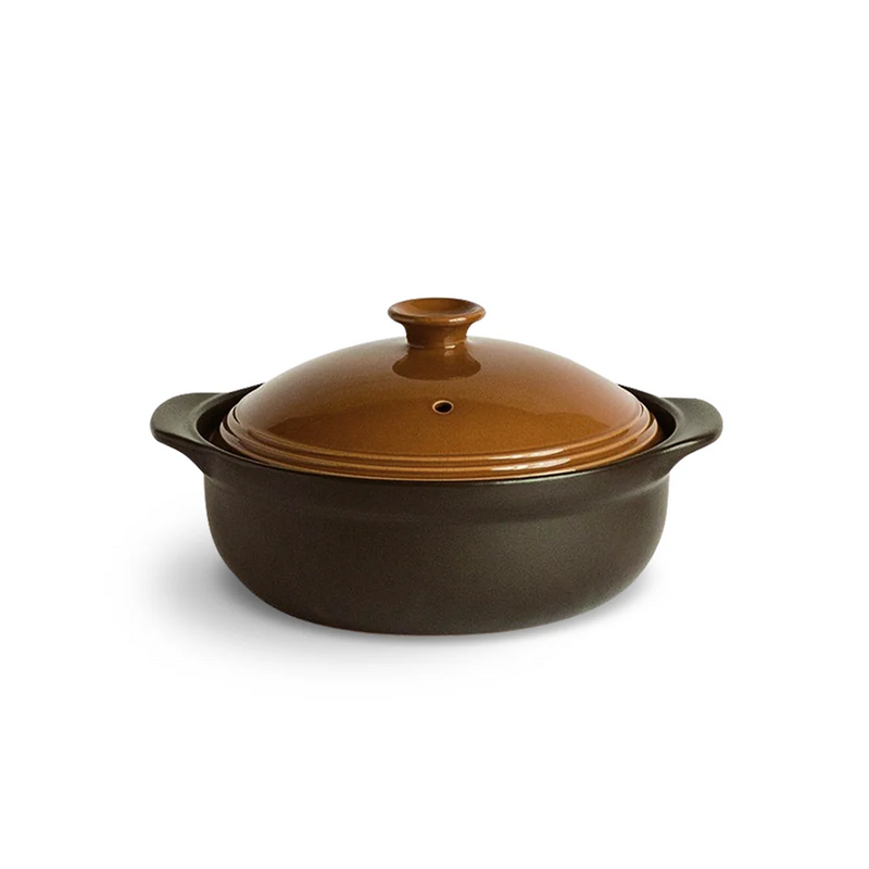 A product image of the Saji Thermatec IH Donabe, showing its modern design with a dark base and a glossy brown lid on a white background.