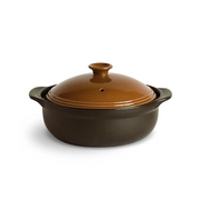 A product image of the Size 9 Saji Thermatec IH Donabe, showing its modern design with a dark base and a glossy brown lid.

