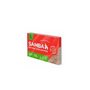 The retail box for Samba Natural Wooden Firelighters, showing the 32-cube pack size and highlighting its 100% natural, non-toxic features.

