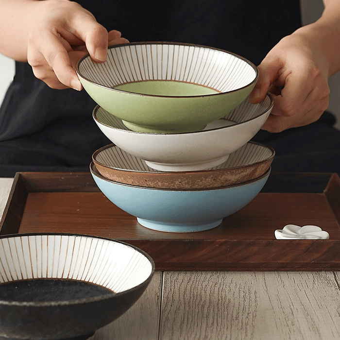 Sango Wabi Tokusa Japanese Bowl Set in soft natural lighting, highlighting organic aesthetics.
