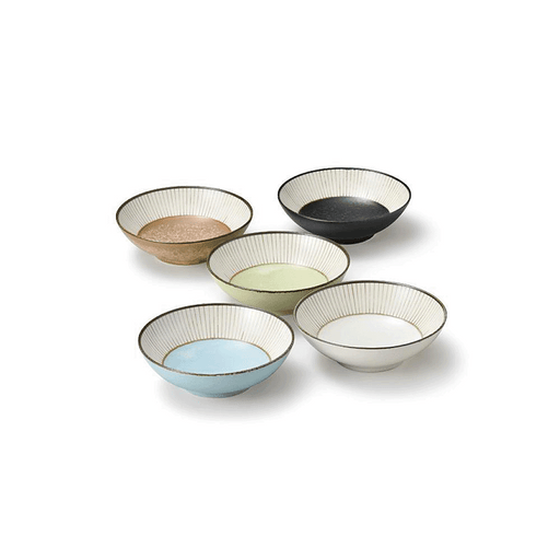 Sango Wabi Tokusa 5-piece Japanese Bowl Set with earthy brown and pale blue hand-painted wavy lines.