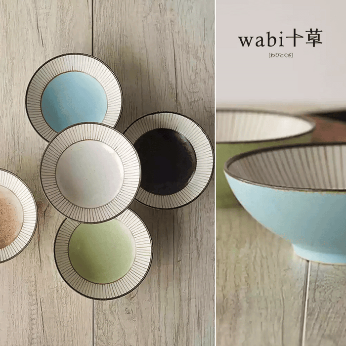 Stacked Sango Wabi Tokusa bowls with textured exteriors and rustic beauty.