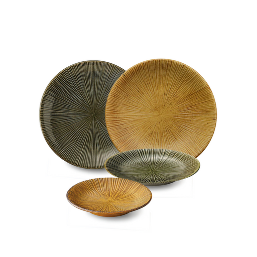 Sendan Kurawanka 4-Piece Dinnerware Set displayed against a white background, featuring two large plates and two smaller plates in vibrant mustard and deep green colors, each adorned with a radiating line pattern that accentuates their round shapes and textured surfaces.