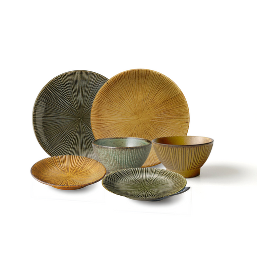 Sendan Kurawanka 6-Piece Dinnerware Set displayed against a white background, featuring two large plates, two smaller plates, and two bowls in coordinating mustard and green colors. Each item showcases a distinctive pattern of fine radiating lines, illustrating traditional craftsmanship and modern design.