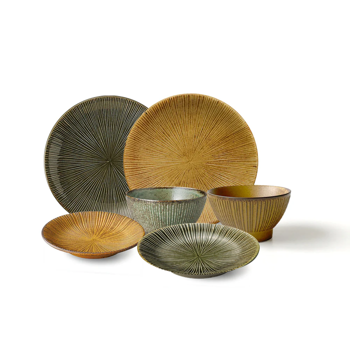 Sendan Kurawanka 6-Piece Dinnerware Set displayed against a white background, featuring two large plates, two smaller plates, and two bowls in coordinating mustard and green colors. Each item showcases a distinctive pattern of fine radiating lines, illustrating traditional craftsmanship and modern design.