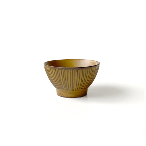 Sendan Kurawanka Bowl (12cm) in a warm mustard color, featuring fine vertical ridges in the traditional Japanese Sendan pattern, offering a rustic and earthy aesthetic.