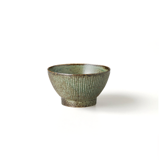 Sendan Kurawanka Bowl (12cm) in green, featuring fine vertical ridges and a rustic finish, reflecting traditional Japanese ceramic design.