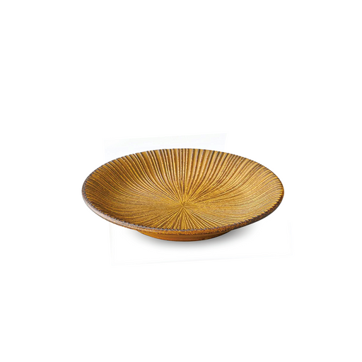 The Sendan Kurawanka Dinner Plate (18cm) in mustard features a warm, earthy tone with a matte finish. The plate is designed with the traditional Sendan pattern, marked by radiating lines that add texture and visual depth. This plate combines practicality with classic Japanese design, making it suitable for daily use or special occasions.

