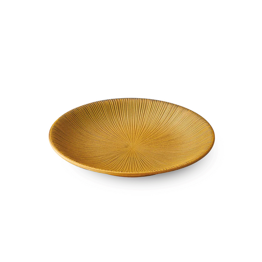 Sendan Kurawanka Dinner Plate (18cm) in mustard, featuring a fine, radiating Sendan pattern with a matte finish, displaying an earthy mustard tone.