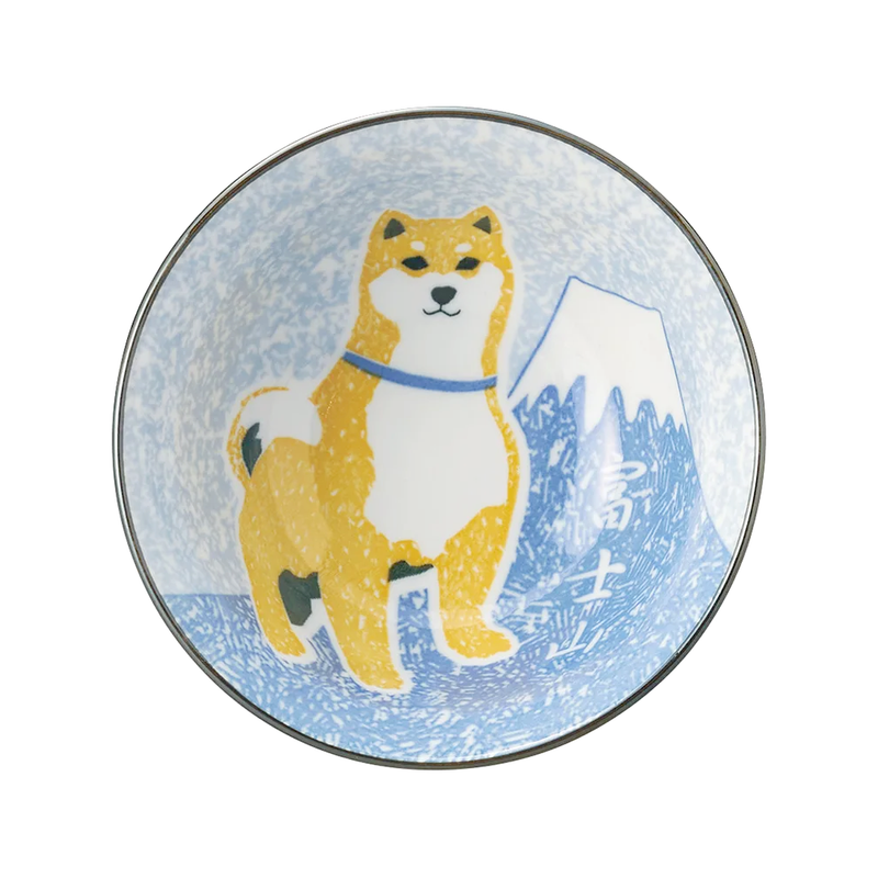 Interior of the bowl featuring a golden Shiba Inu dog and Mt. Fuji illustration.

