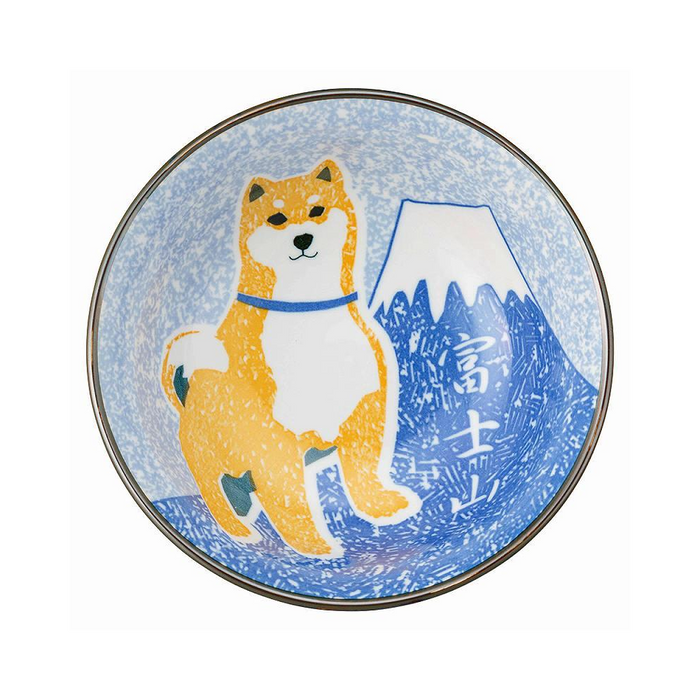 Close-up view of the Shibainu Mount Fuji Ramen Bowl, emphasizing the vibrant depiction of a Shiba Inu against a stylized Mount Fuji backdrop.