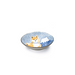 Isolated image of a shallow ceramic bowl with a Shiba Inu and Mount Fuji design on a speckled blue background, emphasizing the irregular rim and artistic style.