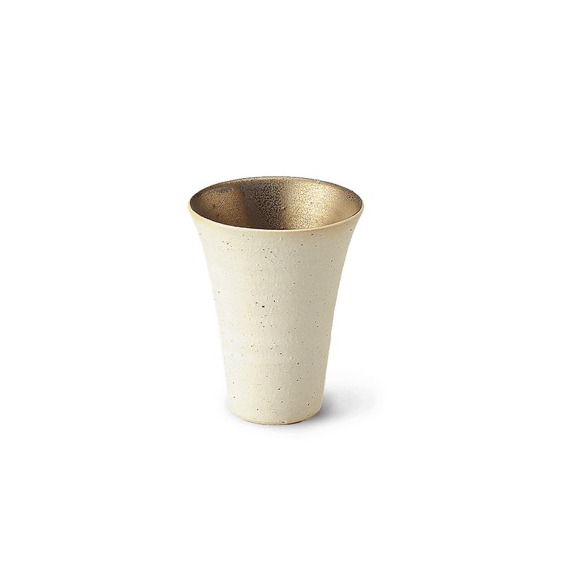 The Shigaraki Yaki Shime Kinsai Cup, showing its speckled beige exterior, flared rim, and luxurious gold interior on a white background.