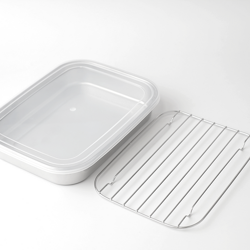 Shimomura Stainless Steel Food Prep Container Set (3 Piece) featuring an 18-8 stainless steel tray, wire rack, and polyethylene storage lid for mise en place.