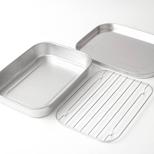 Shimomura Stainless Steel Food Prep Container Set (4 Piece) featuring 18-8 stainless steel trays, a wire rack, and storage lids for mise en place and food preparation.
