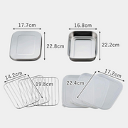 A diagram showing the precise dimensions in centimetres for each component of the Shimomura food prep container set.


