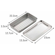 A technical diagram showing the dimensions of the Shimomura stainless steel tray (22.2cm x 12.7cm x 3.3cm) and the matching stainless steel lid (23cm x 13.3cm).