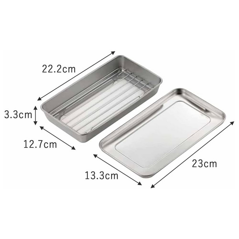 A technical diagram showing the dimensions of the Shimomura stainless steel tray (22.2cm x 12.7cm x 3.3cm) and the matching stainless steel lid (23cm x 13.3cm).
