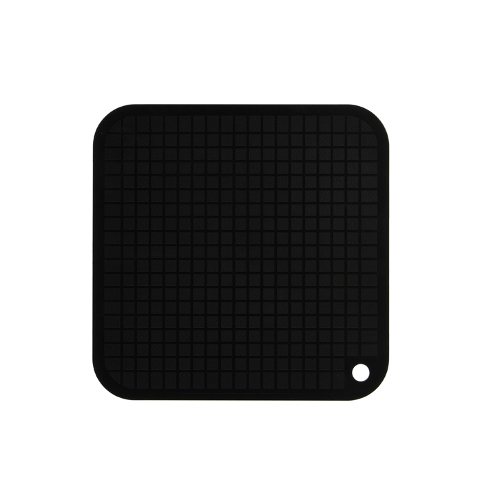 Black square mini cutting mat with a textured grid surface and a hanging hole in the corner, shown against a white background.

