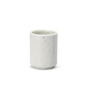 A minimalist, cylindrical Japanese teacup in a white, lightly speckled Kohiki finish, shown on a white background.