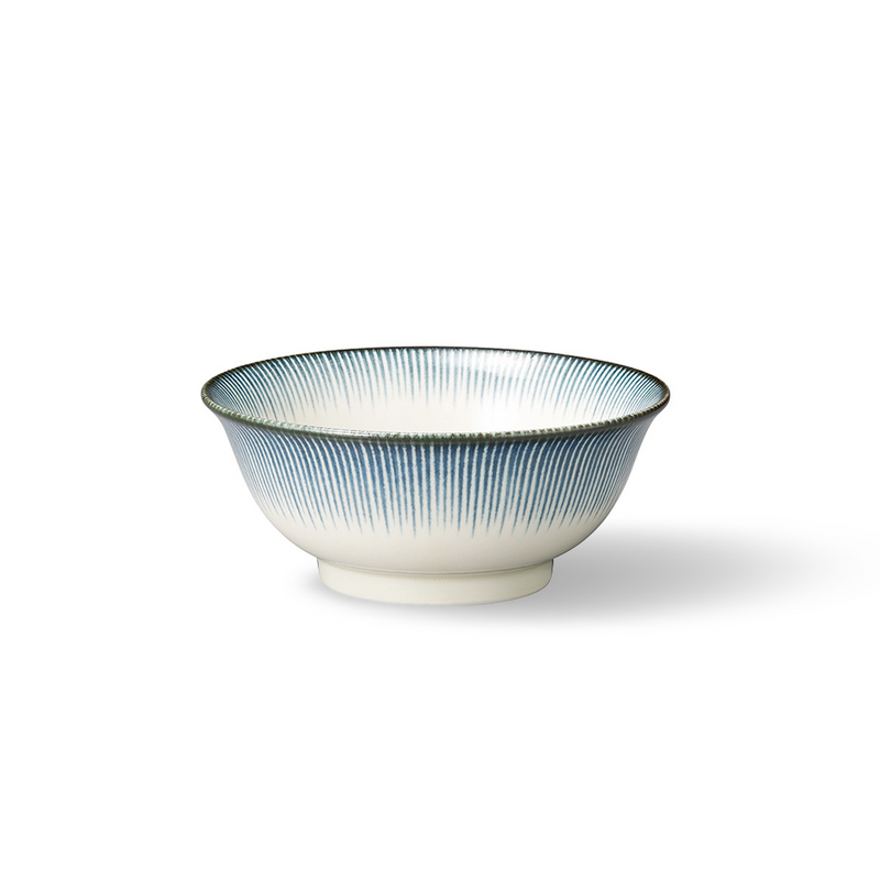 A product image of the Showa Seito Edo Tokusa Japanese donburi bowl on a white background, showing its deep shape and classic blue striped pattern.

