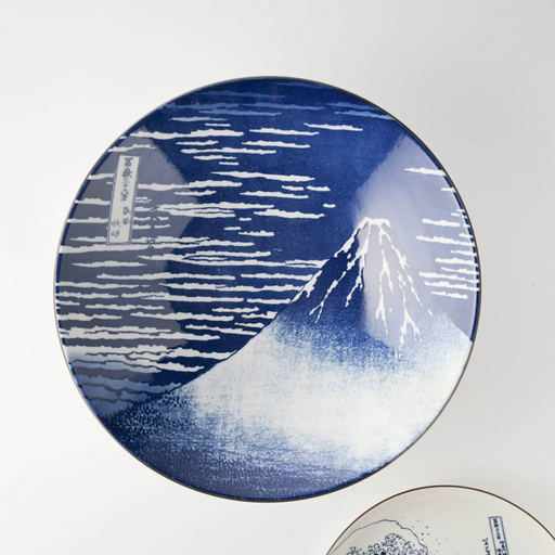 Showa Seito Mount Fuji Ramen Bowl 24cm. Hokusai's Fine Wind, Clear Morning in blue and white Mino ware porcelain, made by Dachi donburi specialists.
