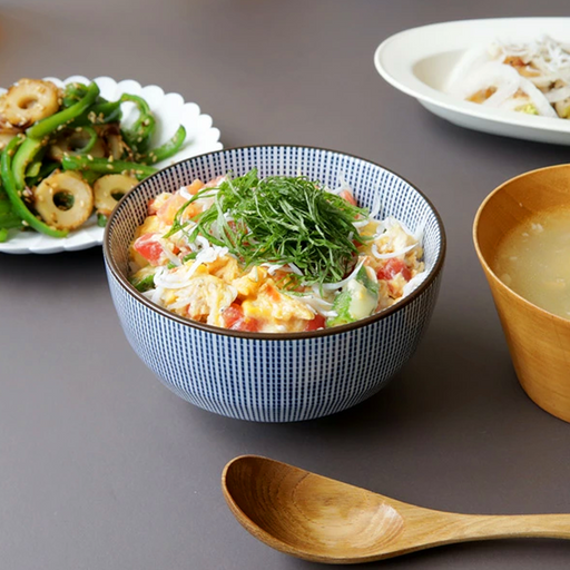 A blue and white porcelain Japanese bowl with a Tokusa grid pattern, featuring fine blue lines on a white background and a brown rim, displayed empty on a plain white surface.