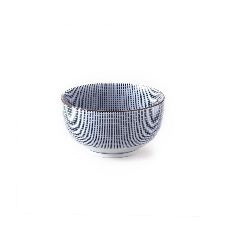 A blue and white porcelain Japanese bowl with a Tokusa grid pattern, featuring fine blue lines on a white background and a brown rim, displayed empty on a plain white surface.