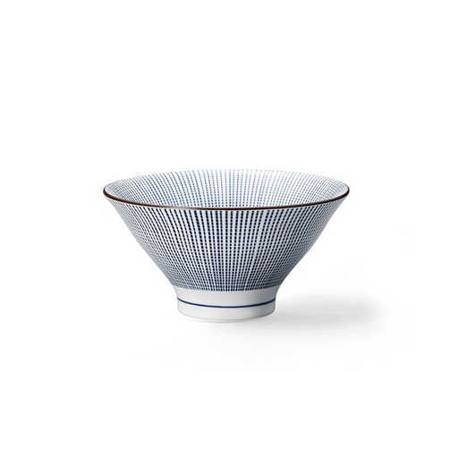 A side view of the Showa Seito Sendan Tokusa Takahama Bowl (20cm), showcasing its conical shape and radial blue line pattern. The bowl has a slight flare at the rim, which is bordered by a thin brown line, and sits on a short white foot.