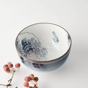 A 13cm diameter bowl with a traditional Japanese 'The Great Wave off Kanagawa' pattern, predominantly in blue and white colors, with the artist's signature visible.