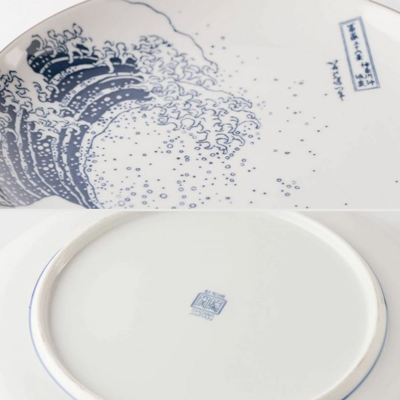 A composite image showing a detailed close-up of 'The Great Wave' artwork on the plate's interior, and the blue maker's mark on the underside of the plate.