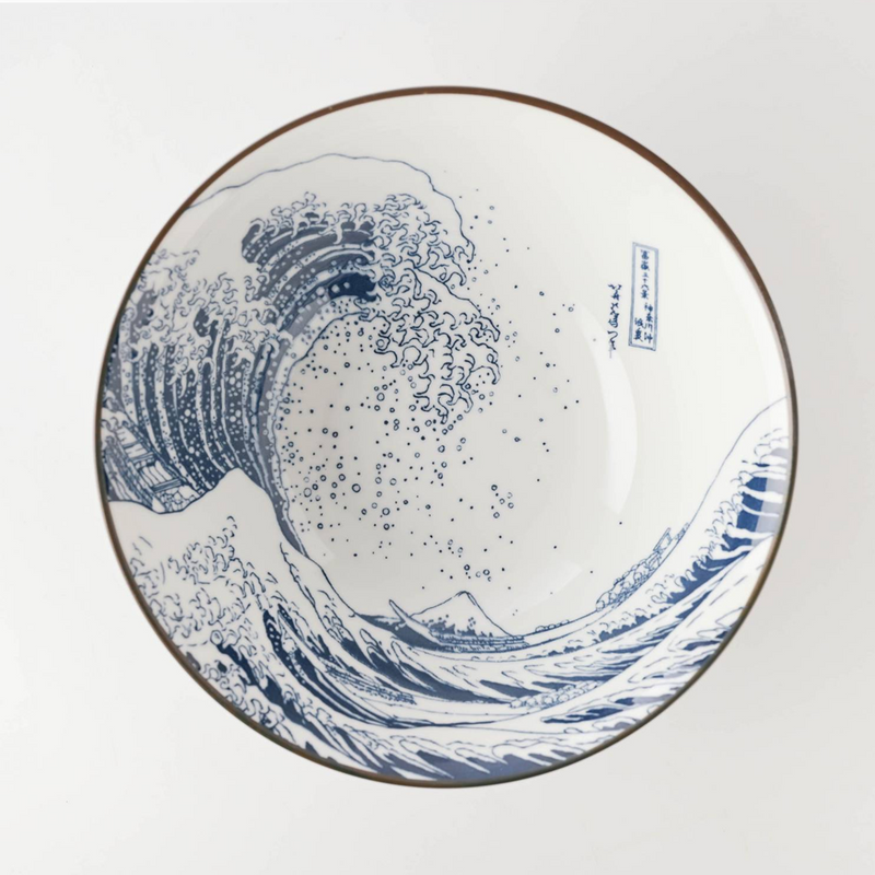 A top-down view of the Showa Seito Donburi Bowl, showing the complete 'Great Wave off Kanagawa' artwork by Hokusai inside.
