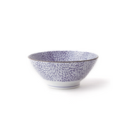 A side view of the Showa Seito Soba Bowl, showing the intricate blue and white chrysanthemum pattern covering its surface.







