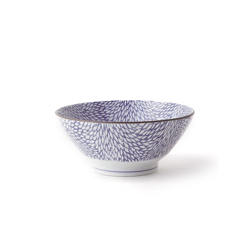 A side view of the Showa Seito Soba Bowl, showing the intricate blue and white chrysanthemum pattern covering its surface.







