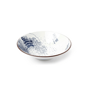 An angled studio shot of the Showa Seito 'The Great Wave' Japanese ramen bowl on a white background, showing the iconic Hokusai artwork on the interior.
