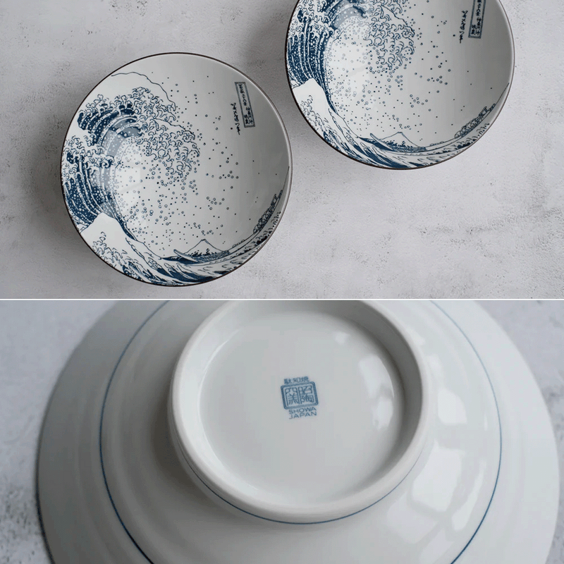 A composite image showing a top view of two Great Wave ramen bowls and a close-up of the maker's mark in blue on the base of the bowl.