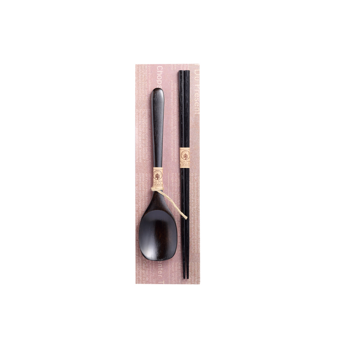 Sunlife Lacquerware Chopsticks and Spoon Set displayed on a decorative background. The set includes a smooth, dark wooden spoon and matching chopsticks, bound together with a simple string tie, presented in a natural, elegant style.