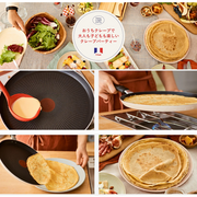 A collage showcasing the process of making crepes with the T-fal pan, from pouring batter to flipping, and serving at a fun crepe party.

