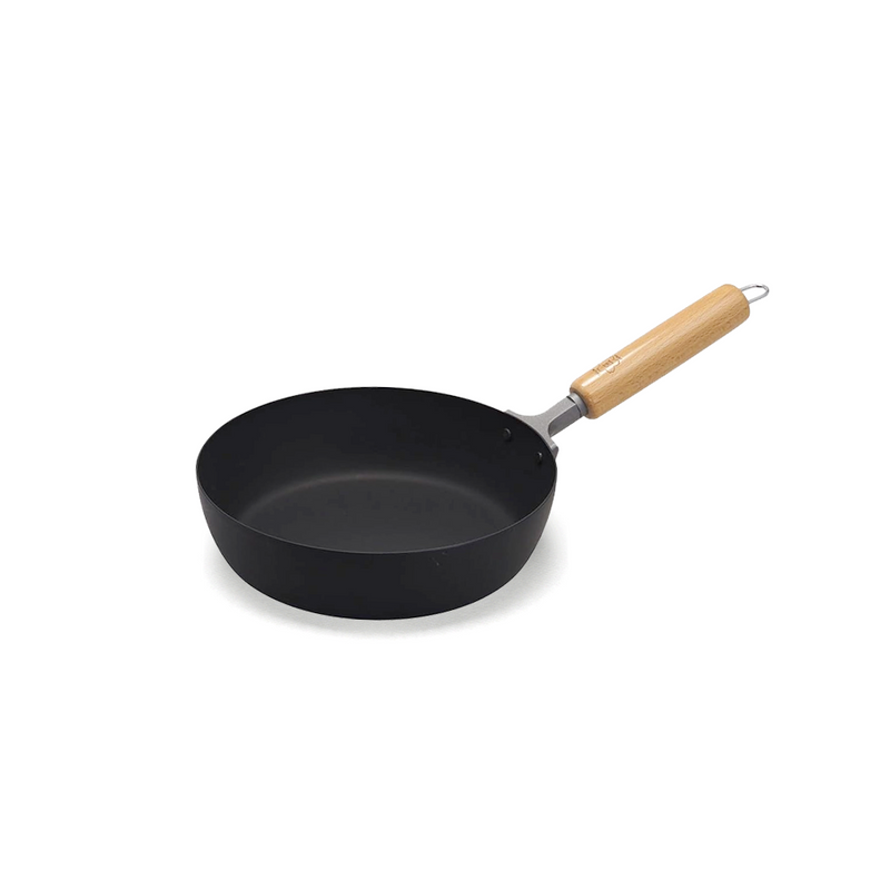 Takumi 20cm Carbon Steel Frypan with matte black finish and natural wooden handle.