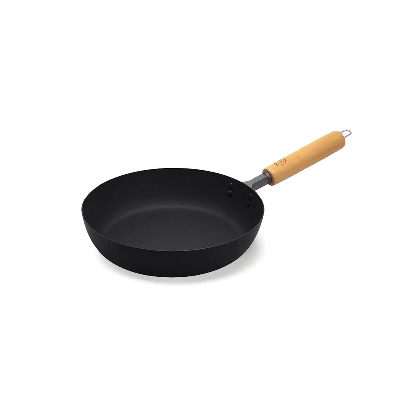 Takumi 24cm Carbon Steel Frypan featuring a matte black surface and natural wooden handle.