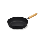 A product image of the Takumi Japan 26cm Carbon Steel Frypan, showing its deep shape, matte black finish, and natural wood handle.

