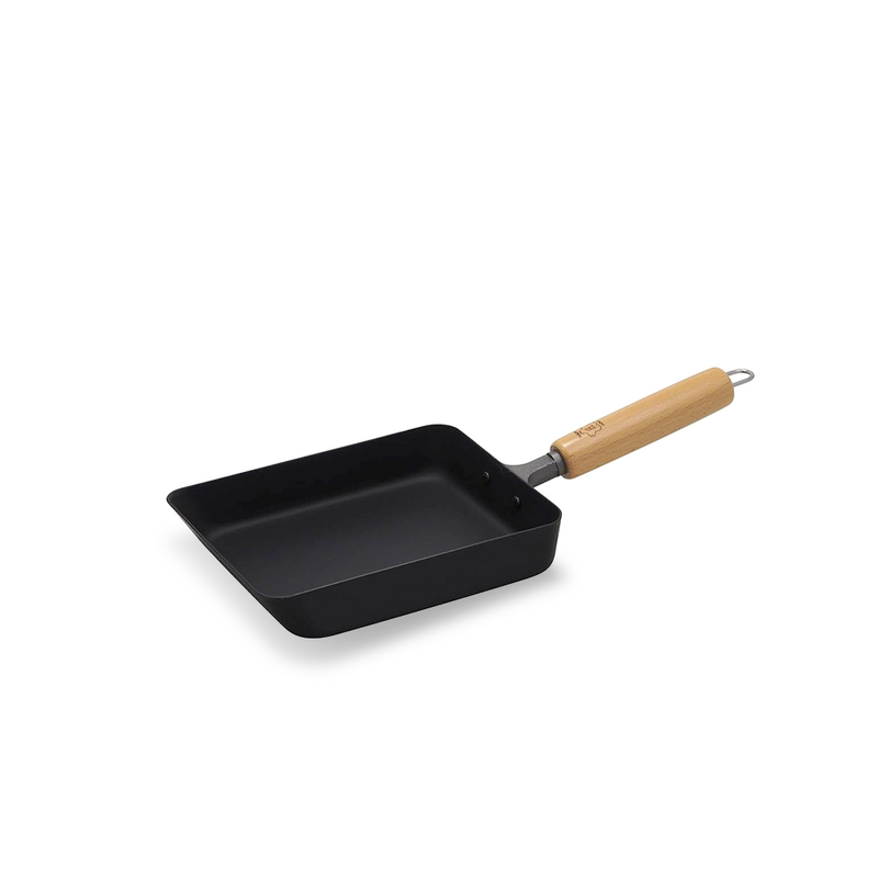 Takumi 18cm rectangular carbon steel omelette pan with tall sides, matte black finish, and natural wooden handle.







