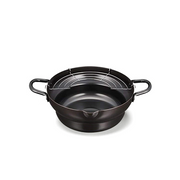 A product image of the Takumi Carbon Steel Deep Frying Pot, showing its two handles, pouring spout, and removable wire draining rack.

