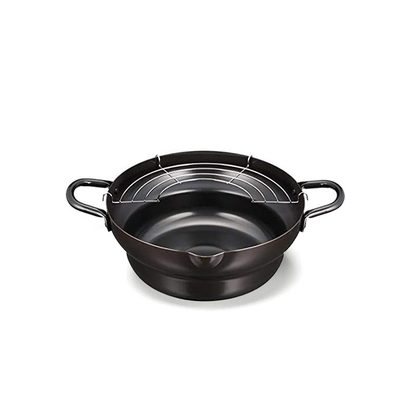 A product image of the Takumi Carbon Steel Deep Frying Pot, showing its two handles, pouring spout, and removable wire draining rack.

