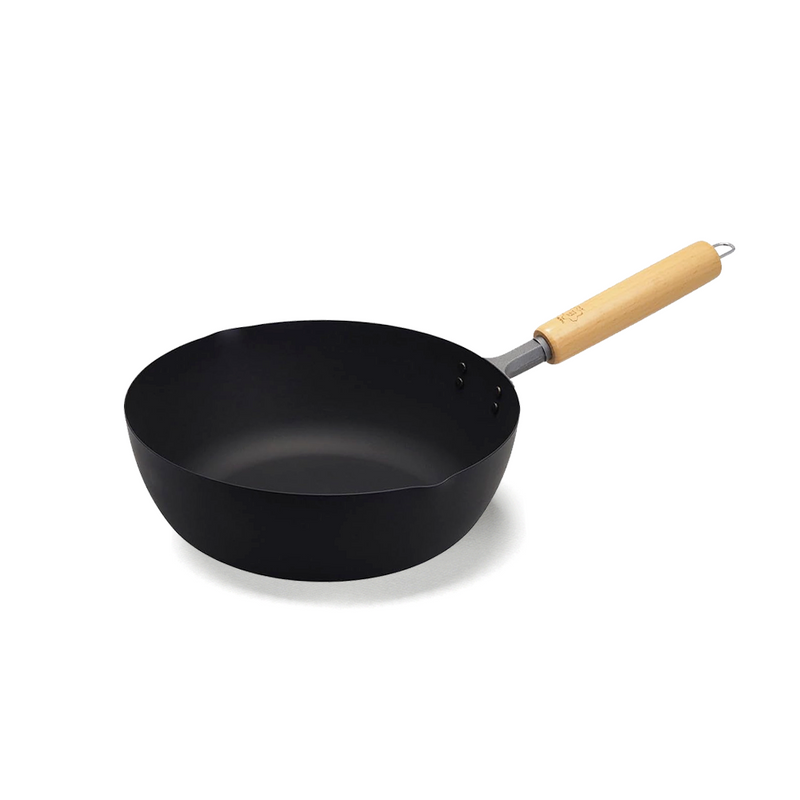 A product image of the Takumi Japan 24cm Carbon Steel Wok, highlighting its dual pouring rims, deep shape,






