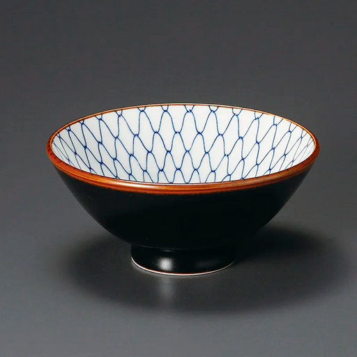 A side view of the Tenmoku Ami Japanese Donburi Bowl, showing its black exterior, brown rim, and the blue and white 'Ami' net pattern on the interior.