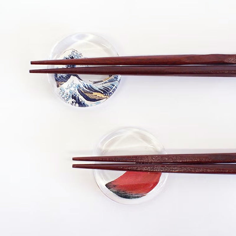Fugaku Hyakkei two-piece acrylic chopstick rest set in its clear presentation box